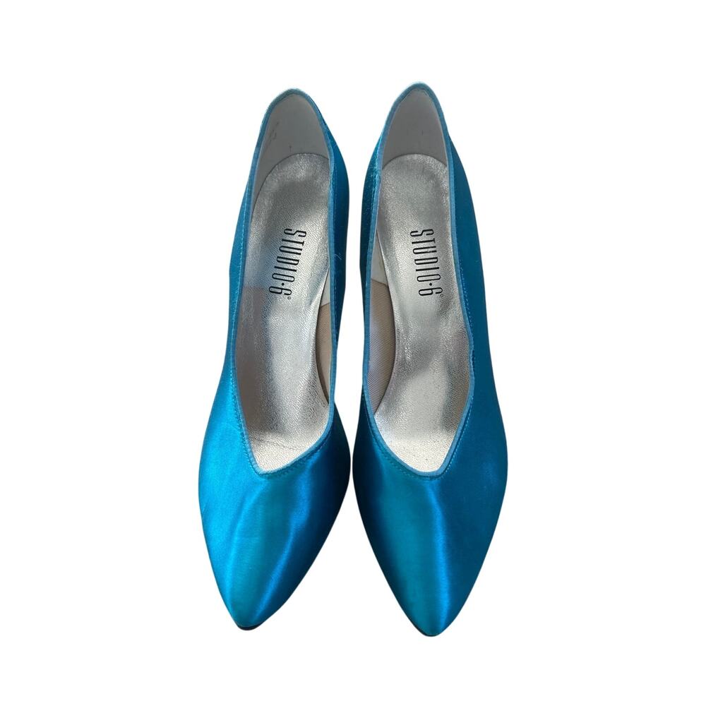 Vintage Studio6  Teal Metallic Satin Kitten Heel Size 8B Something Blue